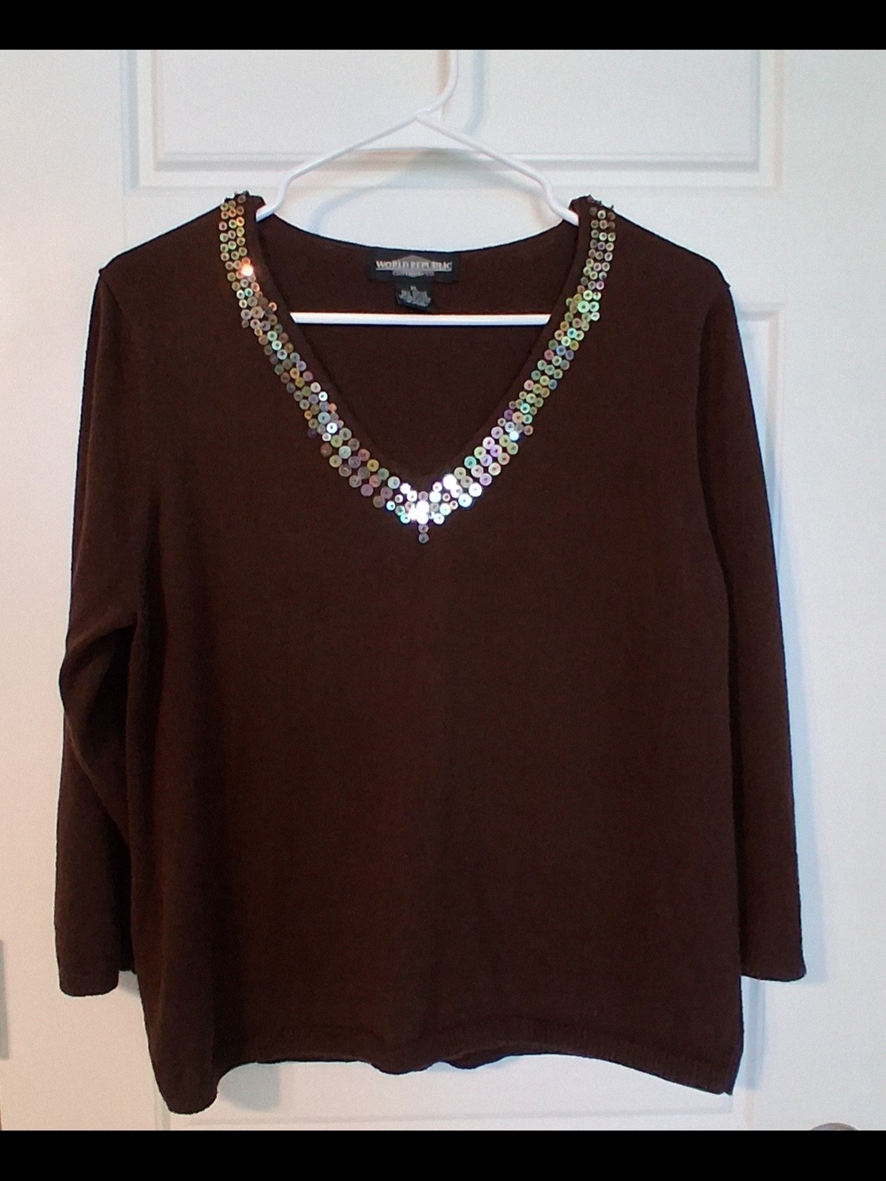 Women’s Brown V-Neck Sequin Trim Blouse